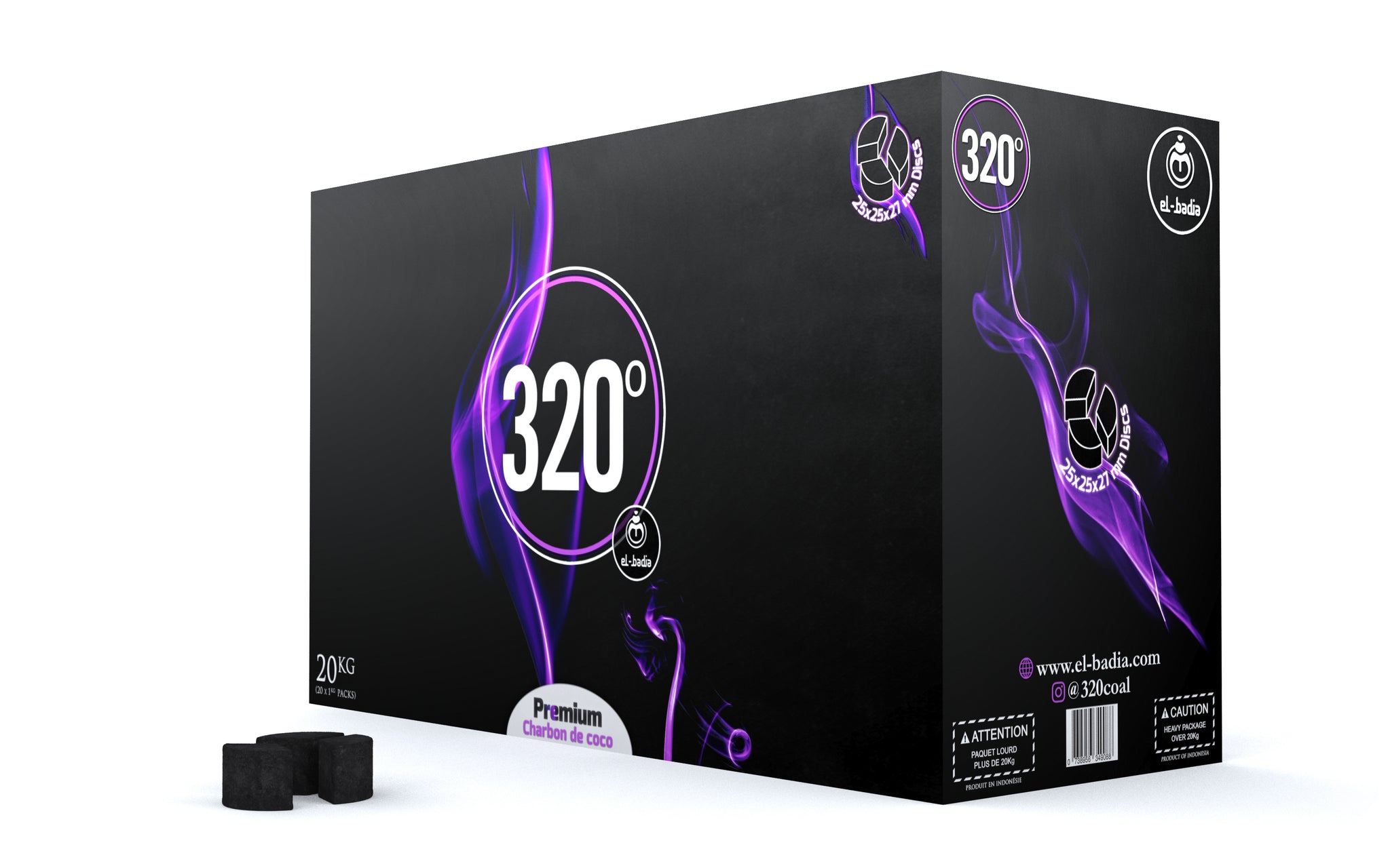 320° Shisha Coconut Charcoal Coal 20kg - 20x 1kg Discs (27mm - 3 Piece Disc)