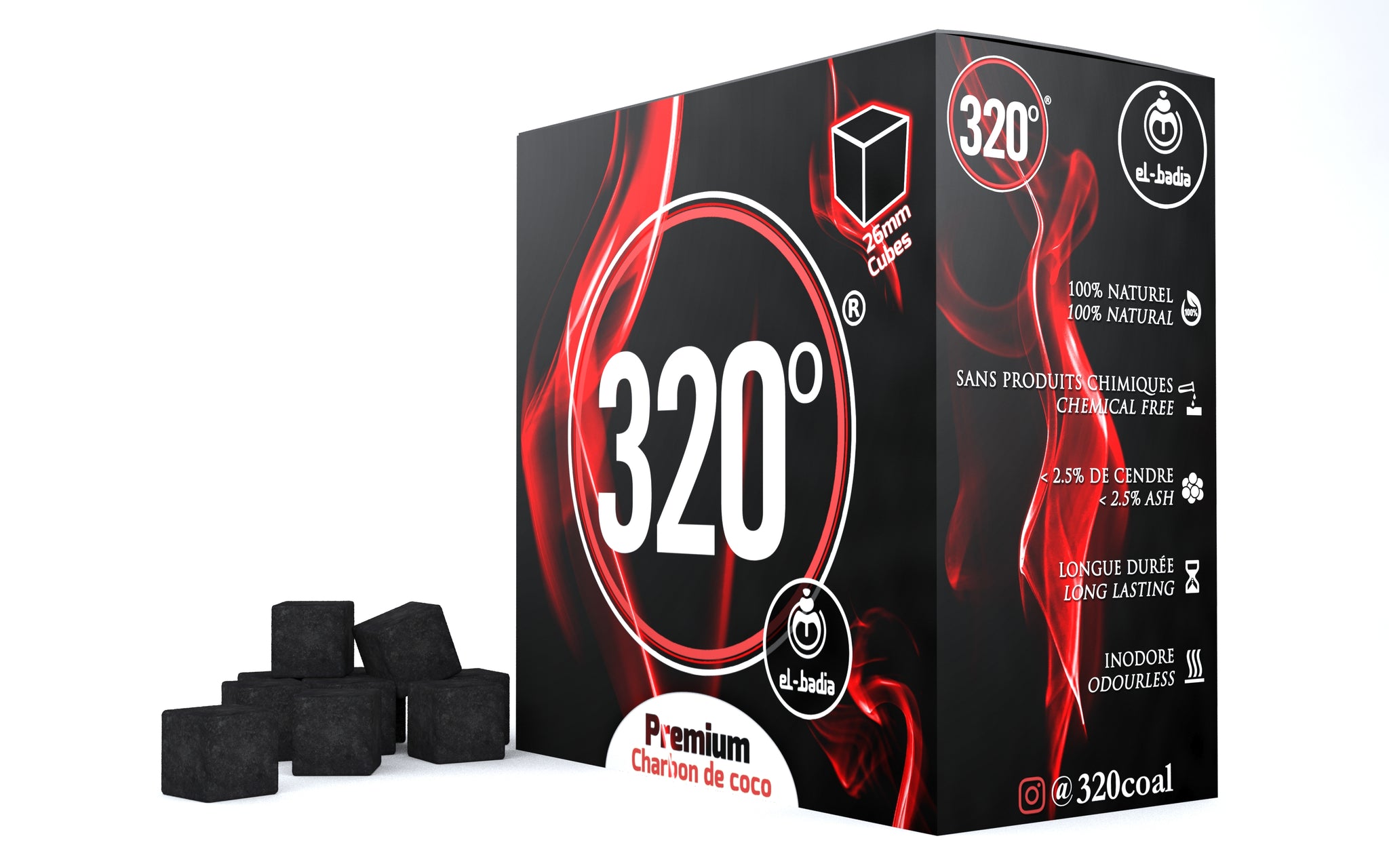 320° Shisha Coconut Charcoal Coal 4 kg – 256 Cubes (26mm Cube)