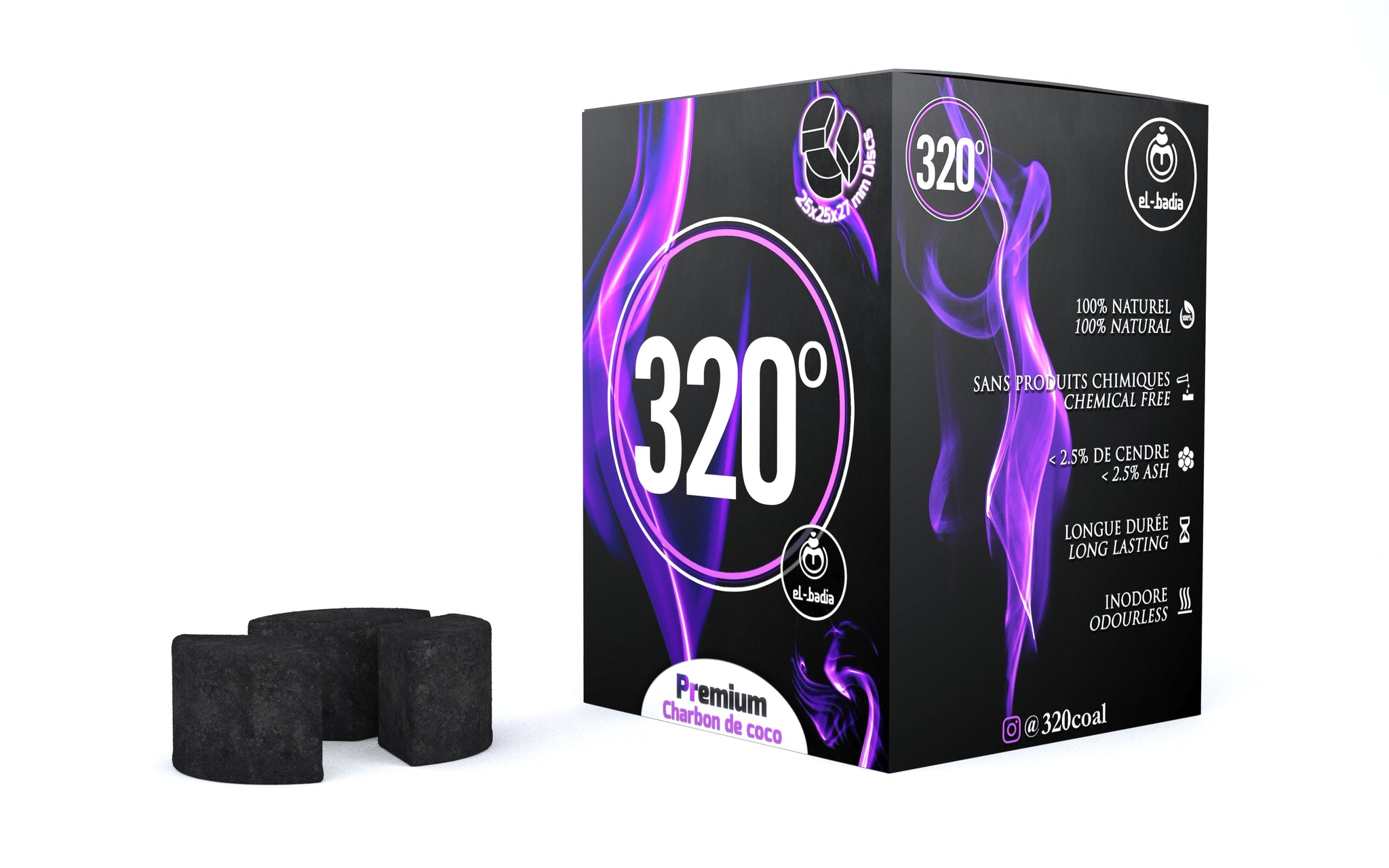 320° Shisha Coconut Charcoal Coal 1 kg – 60 Discs (27mm - 3 Piece Disc)