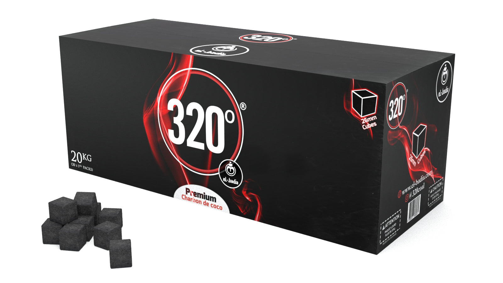 320° Shisha Coconut Charcoal Coal 20 kg – 20x 1kg Cubes (26mm Cube)