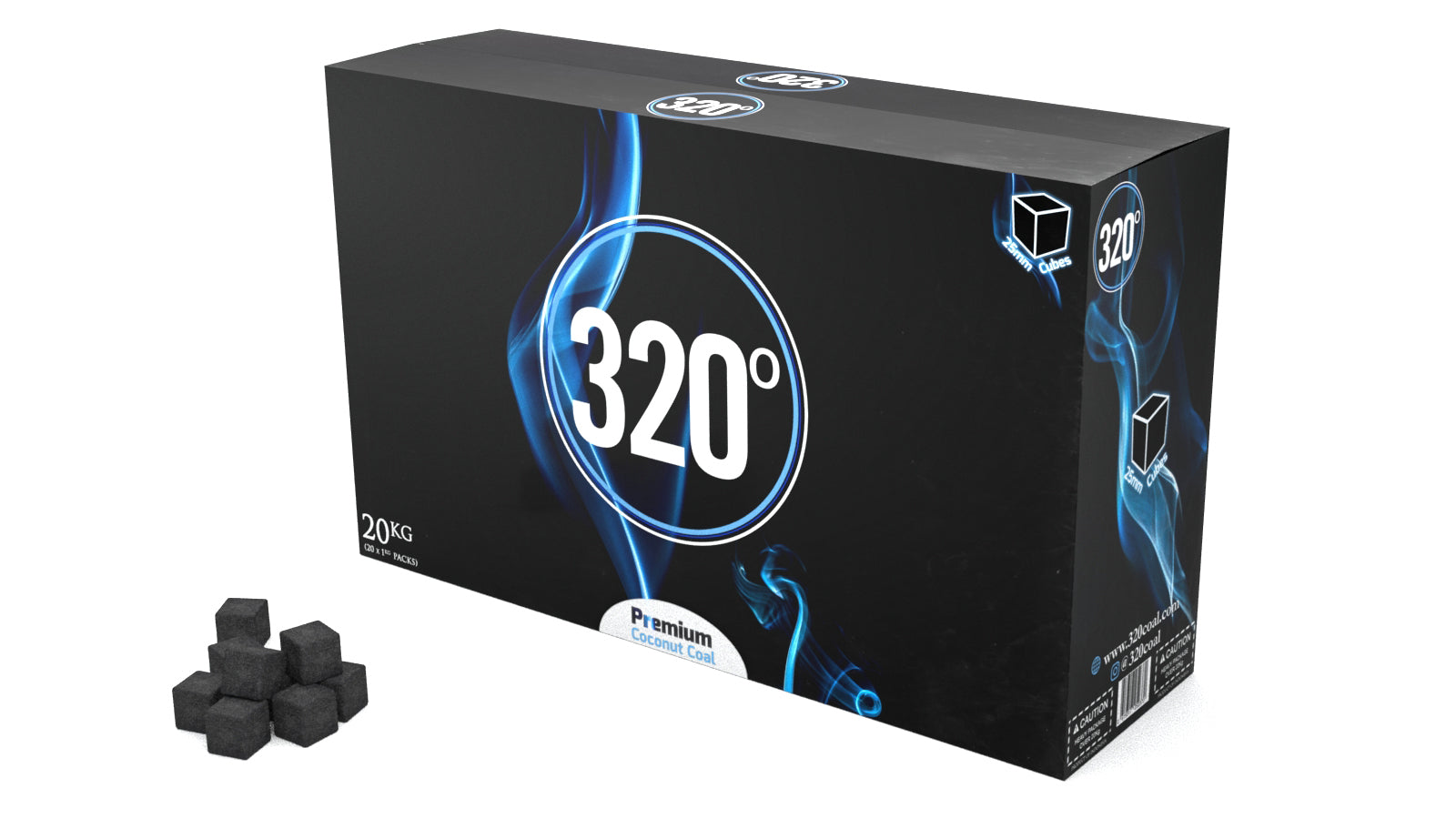 320° Shisha Coconut Charcoal Coal 20 kg – 20 x 1kg (25mm Cube)