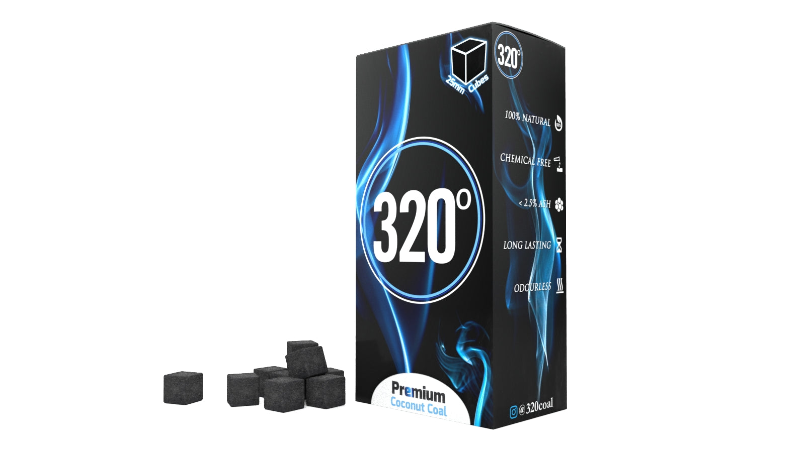 320° Shisha Coconut Charcoal Coal 4 kg – 288 Cubes (25mm Cube)