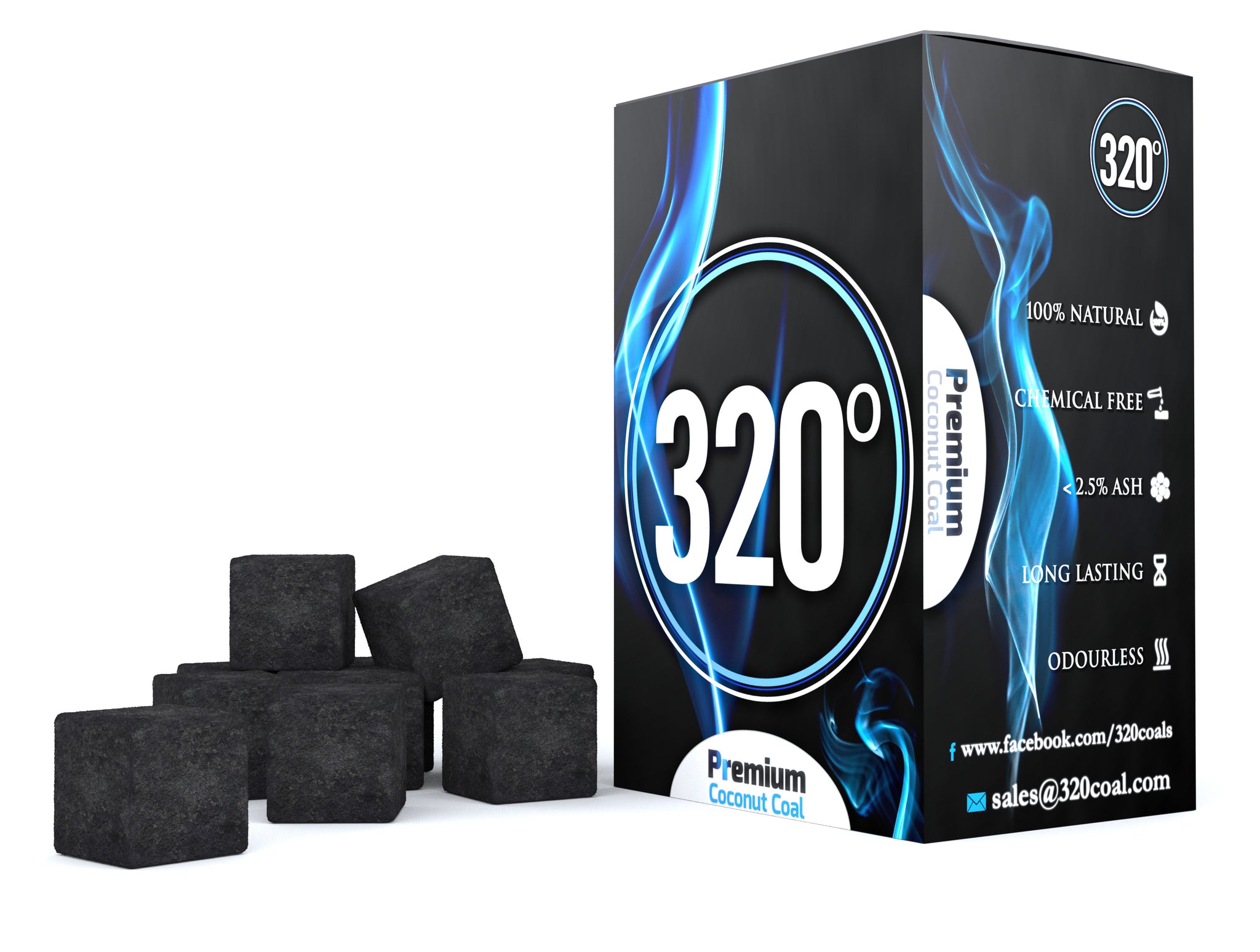 320° Shisha Coconut Charcoal Coal 1 kg – 72 Cubes (25mm Cube)