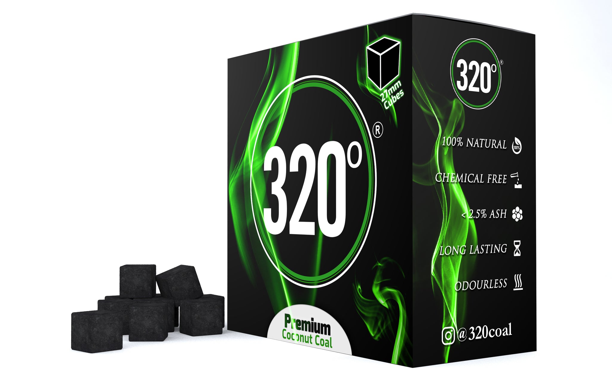 320° Premium Shisha Coconut Charcoal Coal 2 kg – 104 Cubes (27mm Cube)