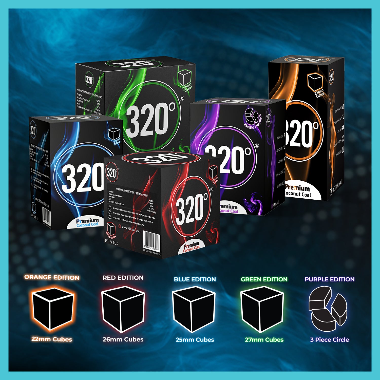 320° Shisha Coconut Charcoal Coal 1 kg – 96 Cubes (22mm Cube)